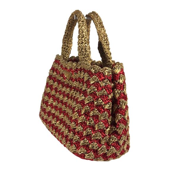 Prada 2012 Red & Brown Crochet Raffia Medium Canapa Tote Bag - Picture 4 of 9